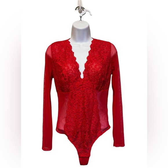 NWT INC International Concepts Long-Sleeve Lace Mesh Bodysuit Red - Picture 7 of 10